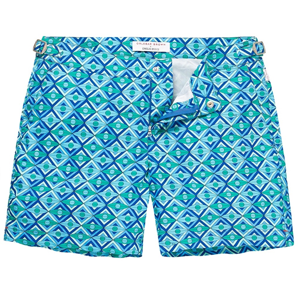 NEW Orlebar Brown Emilio Pucci Blue and Green Swim Trunks Geometric Design 34